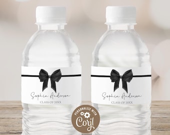 Editable Water Bottle Labels | Black Coquette Bow, Ribbon | Printable Graduation Party Decor, Grad Party Favors, High School Class 2026 GP4