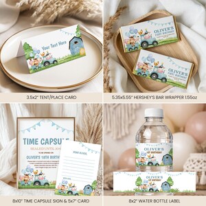 May include: A collection of party supplies featuring a farm theme. Includes a tent card, Hershey's bar wrappers, a time capsule sign, a card, and a water bottle label. Each item has a blue tractor, farm animals, and the text "Oliver's First Birthday".