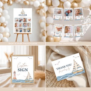 May include: A nautical-themed baby milestone set featuring a 18x24 or 24x36 photo poster, a 5x7 photo banner with monthly baby pictures, an 8x10 custom sign, and a 5x3.5 thank you card, all decorated with sailboats, lighthouses, and waves.