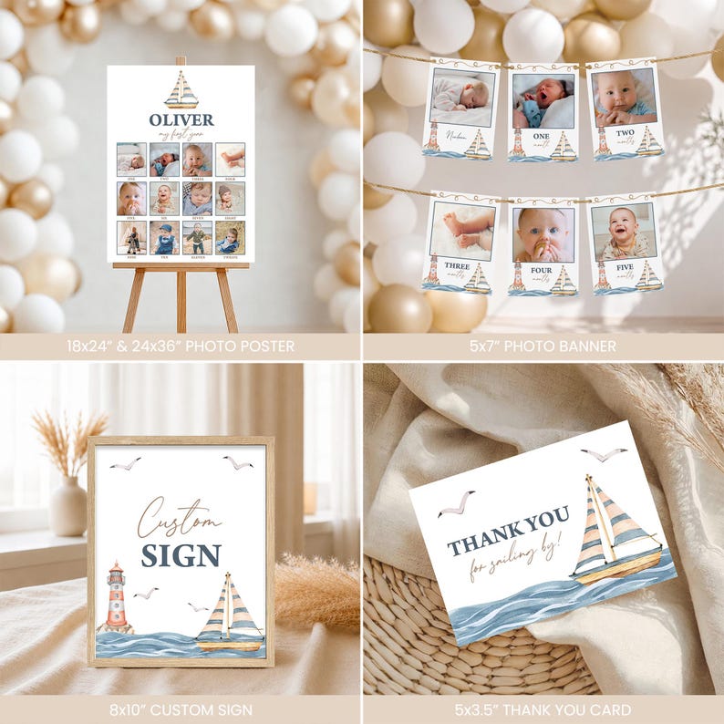 May include: A nautical-themed baby milestone set featuring a 18x24 or 24x36 photo poster, a 5x7 photo banner with monthly baby pictures, an 8x10 custom sign, and a 5x3.5 thank you card, all decorated with sailboats, lighthouses, and waves.