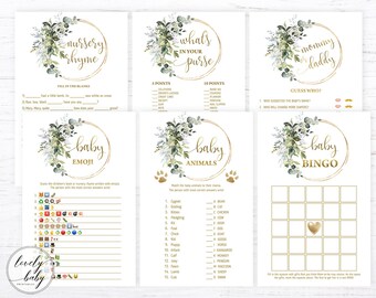 Baby Shower Games Bundle | Greenery Gold, Botanical Eucalyptus | Printable Boy Baby Shower Party Games Set, Package Instant Download DIYGGR