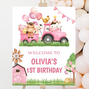 Signo de bienvenida de cumpleaños, póster / granja, animales de granero, corral, rancho / ideas de decoración de primera fiesta de cumpleaños para niñas imprimibles Plantilla editable FA1