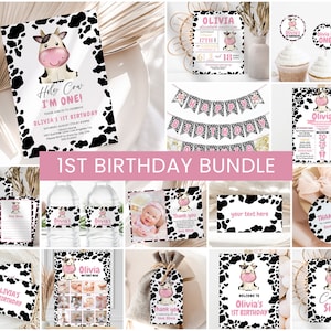 Holy Cow Birthday Bundle, Girls 1st Birthday Invite | Holy Cow I&#39;m ONE, Cow Print | Printable Girls First Birthday Party Decorations, Ideas
