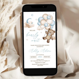 Teddy Bear Baby Shower Invitation, Evite | Blue Balloons, We Can Bearly Wait | Digital Baby Boys Shower Party Invite, Phone Electronic BTB
