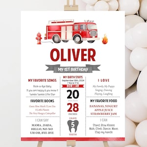 Cartello traguardo compleanno, poster / camion dei pompieri, camion dei pompieri, suona l'allarme / idee per decorazioni per la festa del primo compleanno dei bambini stampabili, ricordo FT1