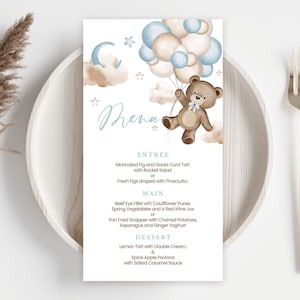 de Carte de menu pour baby shower | Ours en peluche, ballons bleus, on peut attendre | Menu de shower de bébé imprimable et modifiable pour bébés garçons, décor BTB