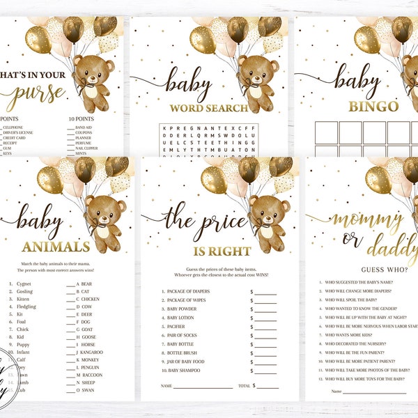 Printable Teddy Bear Baby Shower Games Bundle Gold Balloons Baby Shower Games Package Gender Neutral Baby Shower Ideas and Activities DIYTN