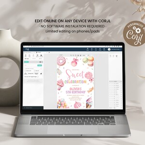 May include: A digital mockup of a laptop screen showing a pink and white birthday invitation with the text "Sweet Celebration" and "Olivia's 5th Birthday". The invitation is decorated with colorful donuts, macarons, and candy. The text "Personalize with Corjl" is visible in the upper right corner of the image.
