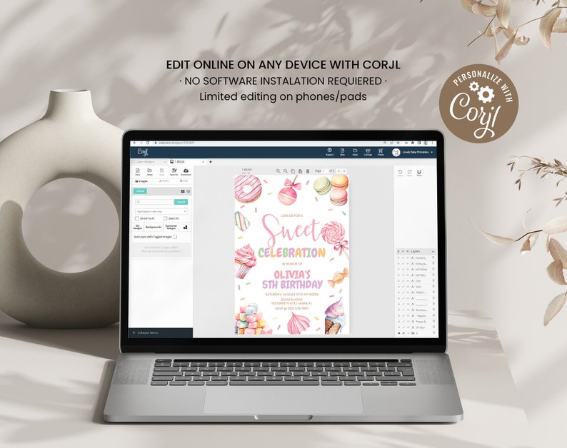 May include: A digital mockup of a laptop screen showing a pink and white birthday invitation with the text "Sweet Celebration" and "Olivia's 5th Birthday". The invitation is decorated with colorful donuts, macarons, and candy. The text "Personalize with Corjl" is visible in the upper right corner of the image.