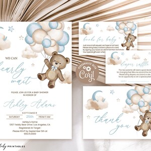 Teddy Bear Baby Shower Invitation Set, Suite | Blue Balloons, We Can Bearly Wait | Printable Boy Baby Shower Party Pack, Invite Template BTB