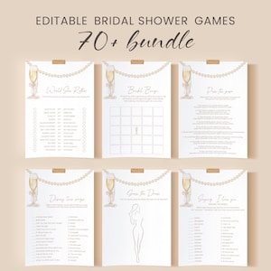 May include: A collection of six printable bridal shower games. Each game sheet features a champagne glass illustration and pearl accents. Titles include "Would She Rather," "Bridal Bingo," "Pass the Poem," "Disney Love Songs," "Guess the Dress," and "Saying I Love You."