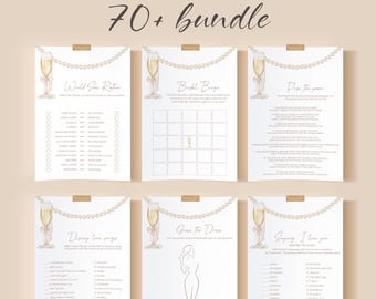 May include: A collection of six printable bridal shower games. Each game sheet features a champagne glass illustration and pearl accents. Titles include "Would She Rather," "Bridal Bingo," "Pass the Poem," "Disney Love Songs," "Guess the Dress," and "Saying I Love You."