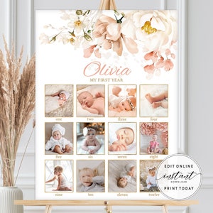 Blush Floral bébé Photo affiche imprimable 12 mois Collage modifiable anniversaire Photo jalon signe première année affiche anniversaire souvenir DIYBF