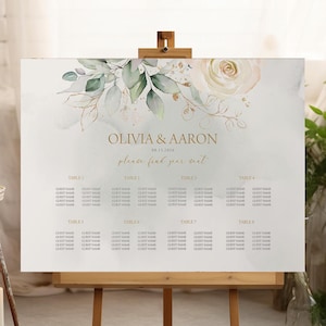 Stoelindeling bruiloft, poster | Witte bloemen, groen goud, botanisch, ivoor crème rozen | Afdrukbare plattegrond, bord Find Your Seat FL1