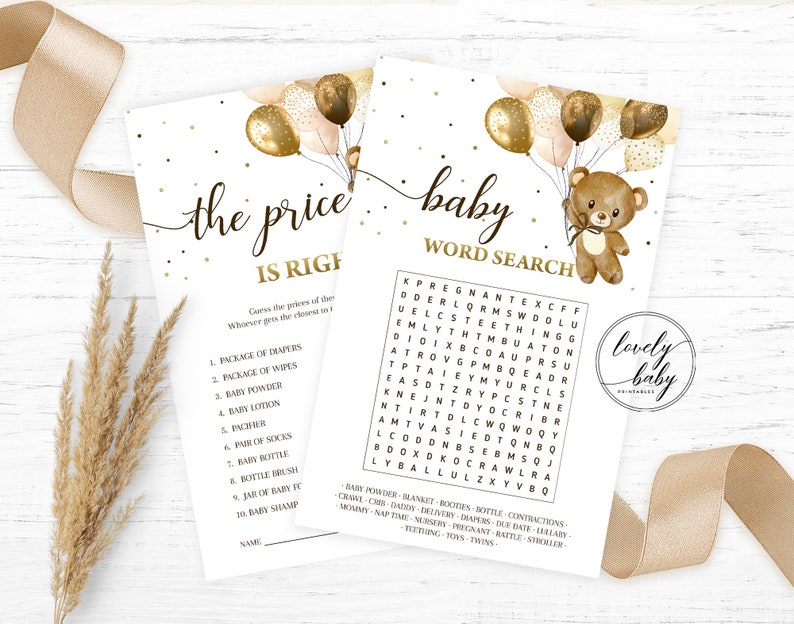 Printable Teddy Bear Baby Shower Games Bundle Gold Balloons Etsy