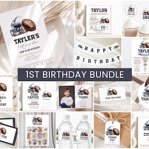 First Year Down Birthday Bundle, Boy Birthday Invite | American Football, Touchdown | Printable Boy 1st Birthday Party Decor Ideas Signs AF1