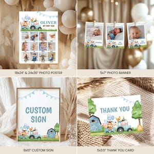 May include: A collection of baby shower decorations featuring a photo poster, photo banner, custom sign, and thank you card. The designs include a blue tractor with animal illustrations, balloons, and the text "Oliver My First Year". The photo poster is available in 18x24" and 24x36" sizes.