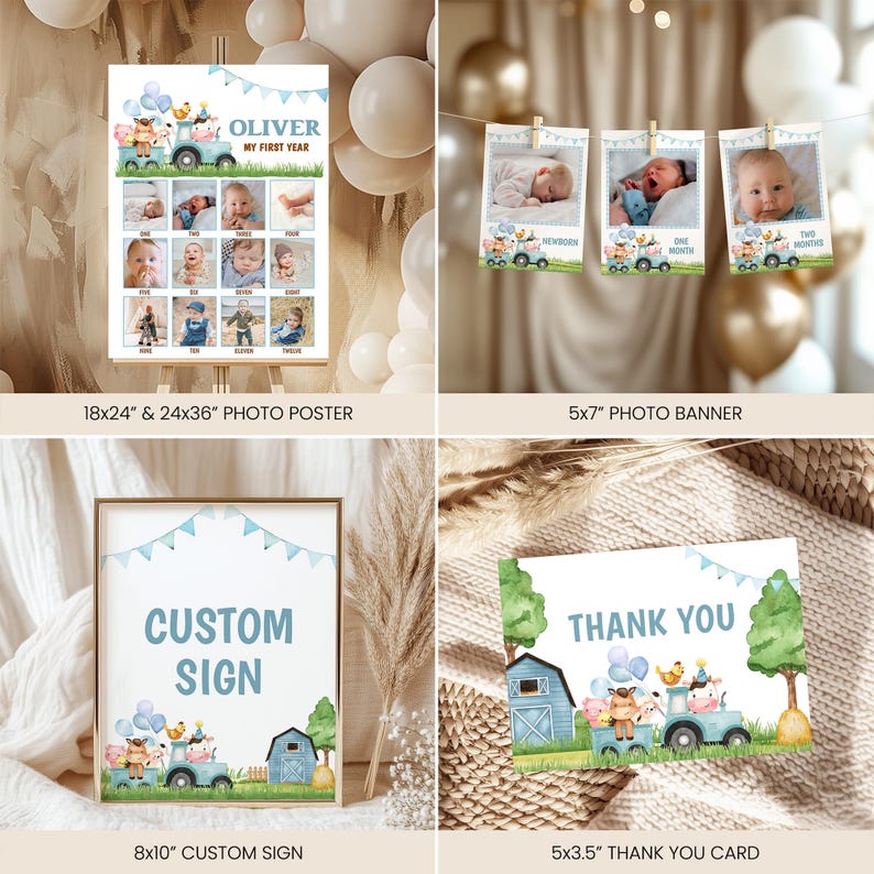 May include: A collection of baby shower decorations featuring a photo poster, photo banner, custom sign, and thank you card. The designs include a blue tractor with animal illustrations, balloons, and the text "Oliver My First Year". The photo poster is available in 18x24" and 24x36" sizes.