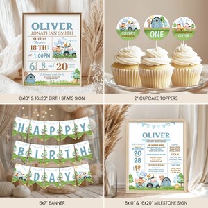May include: A collection of party decorations featuring a farm theme. Includes a framed birth stats sign, cupcake toppers, a banner that says "Happy Birthday", and a milestone sign. The color scheme is light blue, green, and brown.