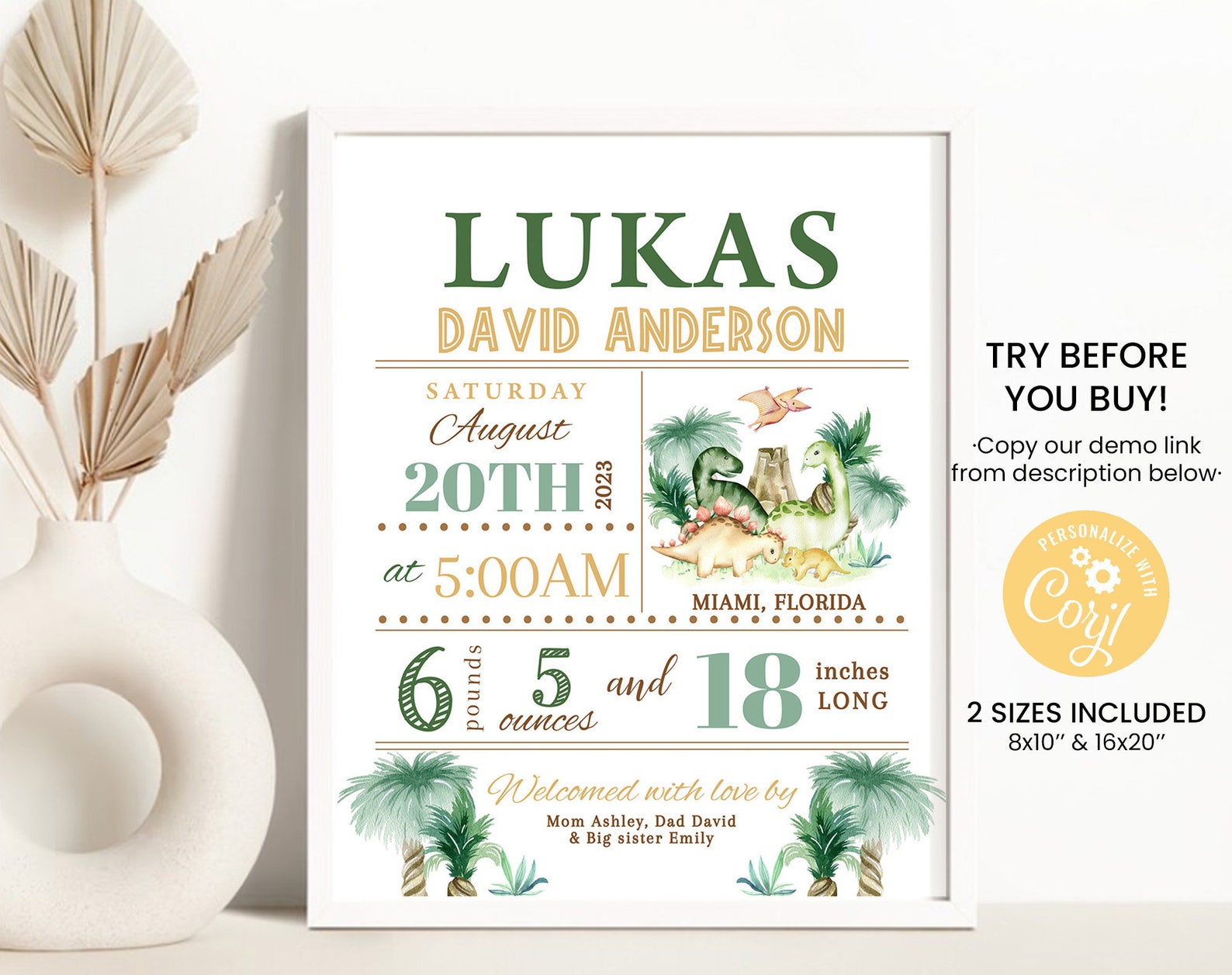 Editable Birth Stats Sign, Boy Birth Announcement Poster | Dino ...