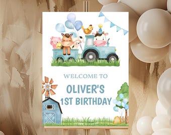 Birthday Welcome Sign, Poster | Farm, Barn Animals, Barnyard, Ranch | Printable Boys First Birthday Party Decor Ideas Editable Template FA2
