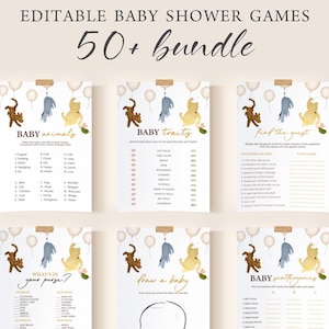 Lot de jeux de baby shower modifiables | Winnie l&#39;ourson classique, ourson vintage | Ensemble de jeux de société imprimables pour bébé, enseignes, décoration PO1