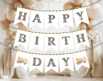 Construction Happy Birthday Banner | Construction, Dump Truck | Printable Boys 1st Birthday Bunting, Birthday Party Decoration, Garland CT