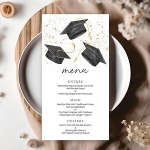 Graduation Party Menu Card Template | Black & Gold Glitter, Confetti | Printable Menu, Decor High School Senior Grad Party Class of 2025 GP3