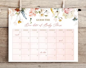 May include: A printable baby shower game card with a floral design. The card features a calendar with the text "Guess the Due Date of Baby Flora".