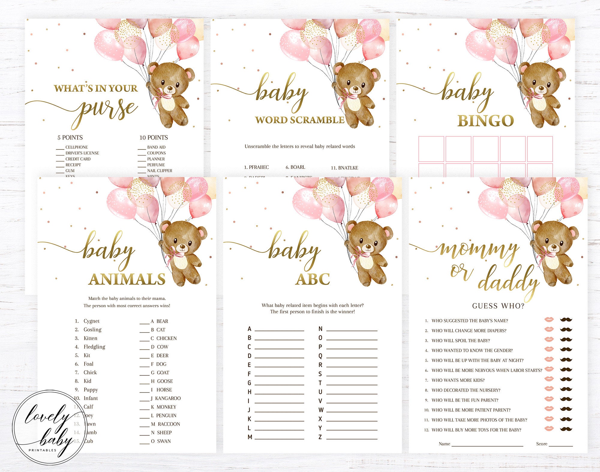 Baby Shower Party Games Bundle Package Teddy Bear Pink - Etsy