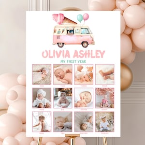 Letrero fotográfico de hito, póster de 12 meses, año en fotos / camión de helados, aquí está la primicia, decoración retro para fiesta de primer cumpleaños de niña, letreros IC2
