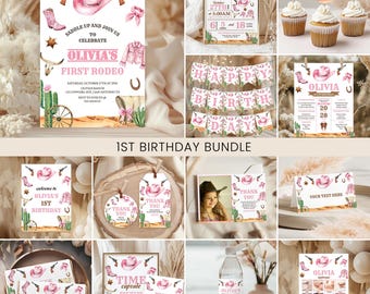 Cowgirl Birthday Bundle, Invite | My First Rodeo, Western Hoedown, Saddle Up | Printable Girls 1st Birthday Party Decor Ideas, Signage RB2