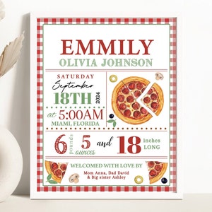 Letrero con estadísticas de nacimiento, póster para anunciar el nacimiento, fiesta de pizza, diversión, letrero con estadísticas de nacimiento de niña recién nacida, arte de pared para guardería, recuerdo PZ1