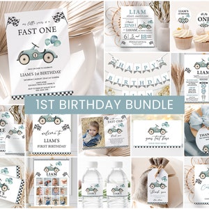 Race Car First Birthday Bundle Boys 1st Birthday Invitation Fast One Birthday Party Invite Package Printable DIY Boys Birthday Decorations