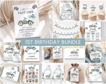 Pacchetto di inviti per il primo compleanno di auto da corsa per ragazzi, pacchetto di inviti per feste di compleanno Fast One, decorazioni fai da te per il compleanno di ragazzi stampabili