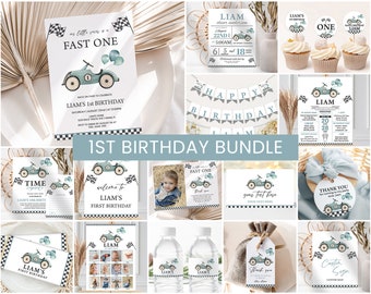 Race Car First Birthday Bundle Boys 1st Birthday Invitation Fast One Birthday Party Invite Package Printable DIY Boys Birthday Decorations