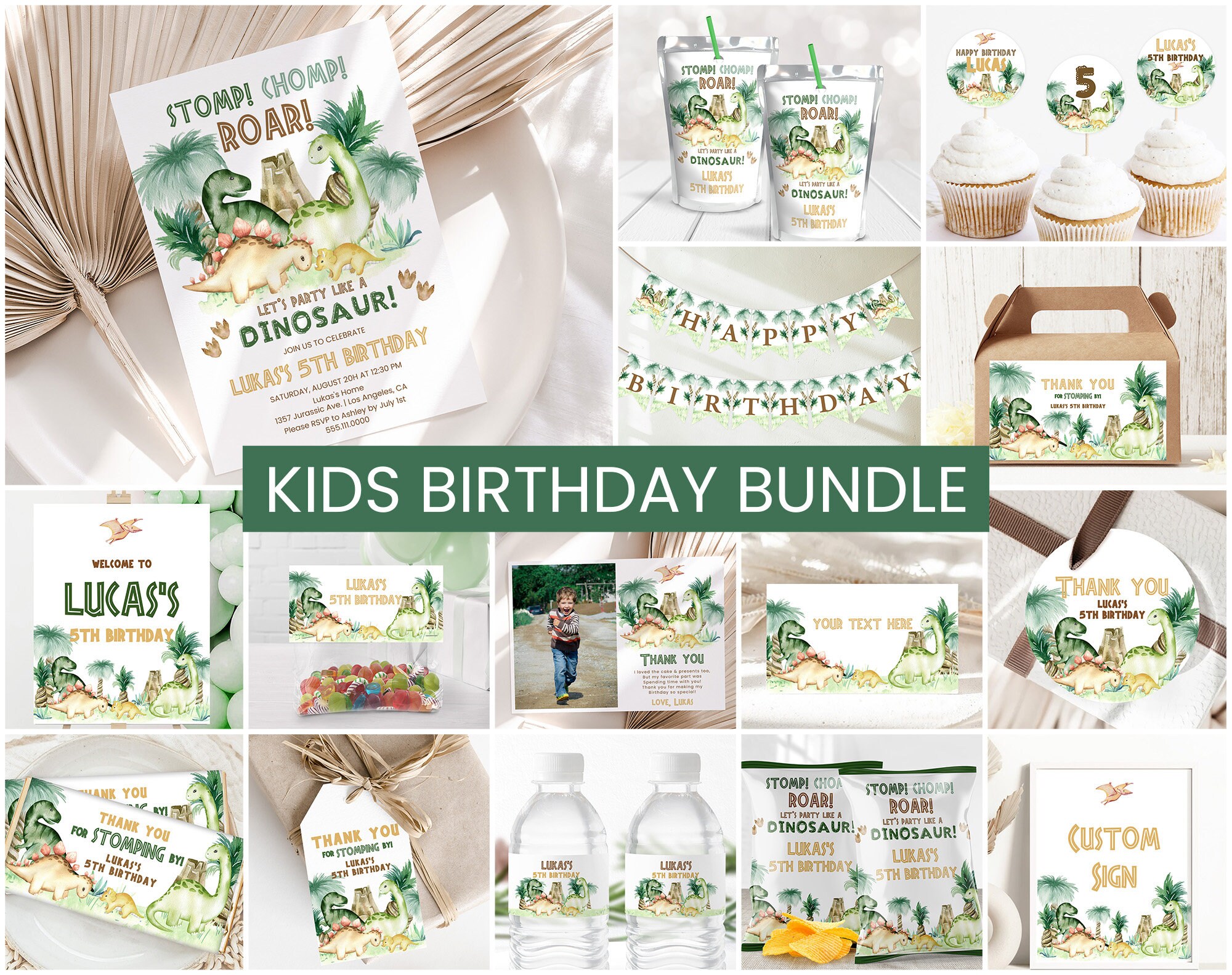 Dinosaur Birthday Bundle, Boys Birthday Party Invite | Dino T-Rex, Stomp Chomp Roar | Printable Boys Birthday Party Decor Ideas, Signs DI1
