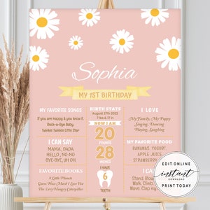 Daisy primer cumpleaños hito signo imprimible hito cartel bebé niña 1er cumpleaños decoración Boho Retro 70s Vibe fiesta de cumpleaños editable RD1