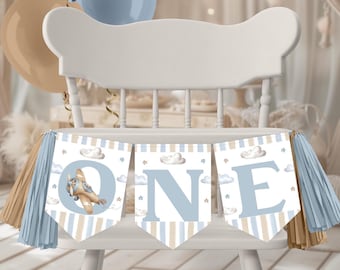 Banner de silla alta, banner de cumpleaños UNO / Avión, avión de combate retro, el tiempo vuela / Banner imprimible para fiesta de primer cumpleaños de niño, idea de decoración AP2