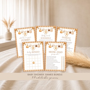 May include: A set of five rectangular baby shower game cards featuring a tan and white gingham border. Each card displays a clothesline illustration with a pumpkin, baby onesie, shoes, and bib. Titles include What's in your PURSE?, baby word SCRAMBLE, DISNEY parent match, baby BINGO, and MOM or DAD guess who?
