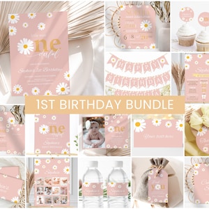 Pink Daisy 1st Birthday Bundle, Little Miss ONEderful Girl Invitation, Boho Birthday Decor (Editable/Printable) RD1