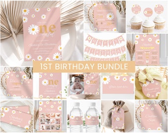 Pacchetto per il primo compleanno di Daisy, modificabile, invito per il primo compleanno di una ragazza, stampabile, pacchetto per festa di compleanno con margherita rosa, stile boho retrò anni &#39;70, pacchetto fai da te