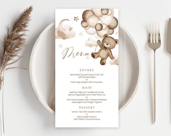 Modello di scheda del menu del baby shower / Palloncini orsetto, non vediamo l'ora / Menu per la festa del baby shower stampabile e modificabile, NTB neutro rispetto al genere