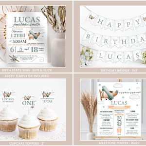 May include: Printable set of birthday party decorations for a boy's first birthday with a blue and green airplane theme. Includes a birth stats sign, a birthday banner, cupcake toppers, and a milestone poster. The text on the sign reads "Lucas Jonathan Smith, Saturday November 12th at 5:00 AM, Los Angeles, California, 6 pounds 5 ounces and 18 inches long". The banner reads "Happy Birthday Lucas". The cupcake toppers feature a small airplane graphic and the text "Lucas's 1st Birthday" and "One". The milestone poster features a larger airplane graphic and the text "Lucas 1st Birthday".