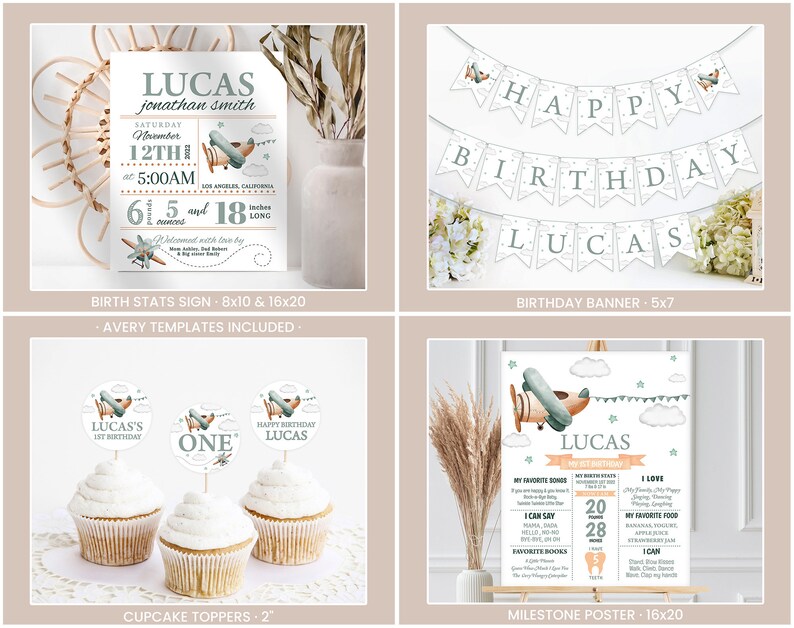 May include: Printable set of birthday party decorations for a boy's first birthday with a blue and green airplane theme. Includes a birth stats sign, a birthday banner, cupcake toppers, and a milestone poster. The text on the sign reads "Lucas Jonathan Smith, Saturday November 12th at 5:00 AM, Los Angeles, California, 6 pounds 5 ounces and 18 inches long". The banner reads "Happy Birthday Lucas". The cupcake toppers feature a small airplane graphic and the text "Lucas's 1st Birthday" and "One". The milestone poster features a larger airplane graphic and the text "Lucas 1st Birthday".