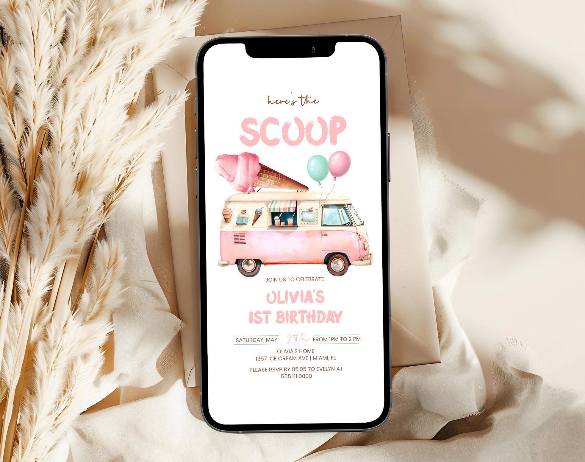 Ice Cream First Birthday Invitation, Evite | Ice Cream Truck, Here's The Scoop, Retro, Summer| Girl 1st Birthday Party Invite Smartphone IC2