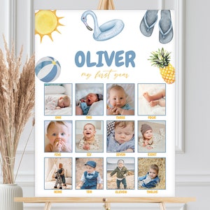 Photo Milestone Sign, 12 Months Poster, Baby Year In Photos | ONE In The Sun, Beach, Pool Party, Summer | Boys 1st Birthday Party Decor OBB