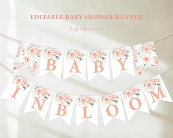 Baby Shower Party Girlande, Baby in Blüte | Blush Rosa, Boho Blumen, Frühling | Druckbare Mädchen-Baby-Dusche-Party Girlande BI3