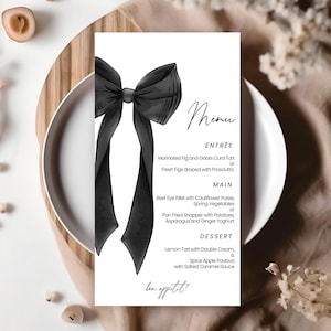Szablon karty menu na wieczór panieński | Czarna kokarda, Ona wiąże węzeł, Elegancka szykowna wstążka | Dekoracje na wieczór panieński, Panieńskie, Wieczór panieński BS1