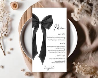 Bridal Shower Menu Card Template | Black Bow, She&#39;s Tying The Knot, Elegant Chic Ribbon | Wedding Shower Party Decor, Hens, Bachelorette BS1